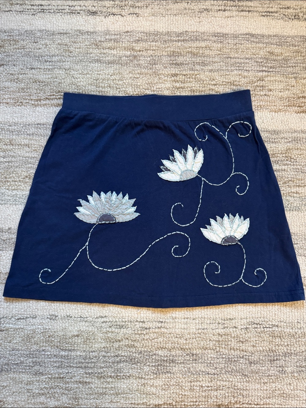 Navy Floral Embroidered A-Line Skirt